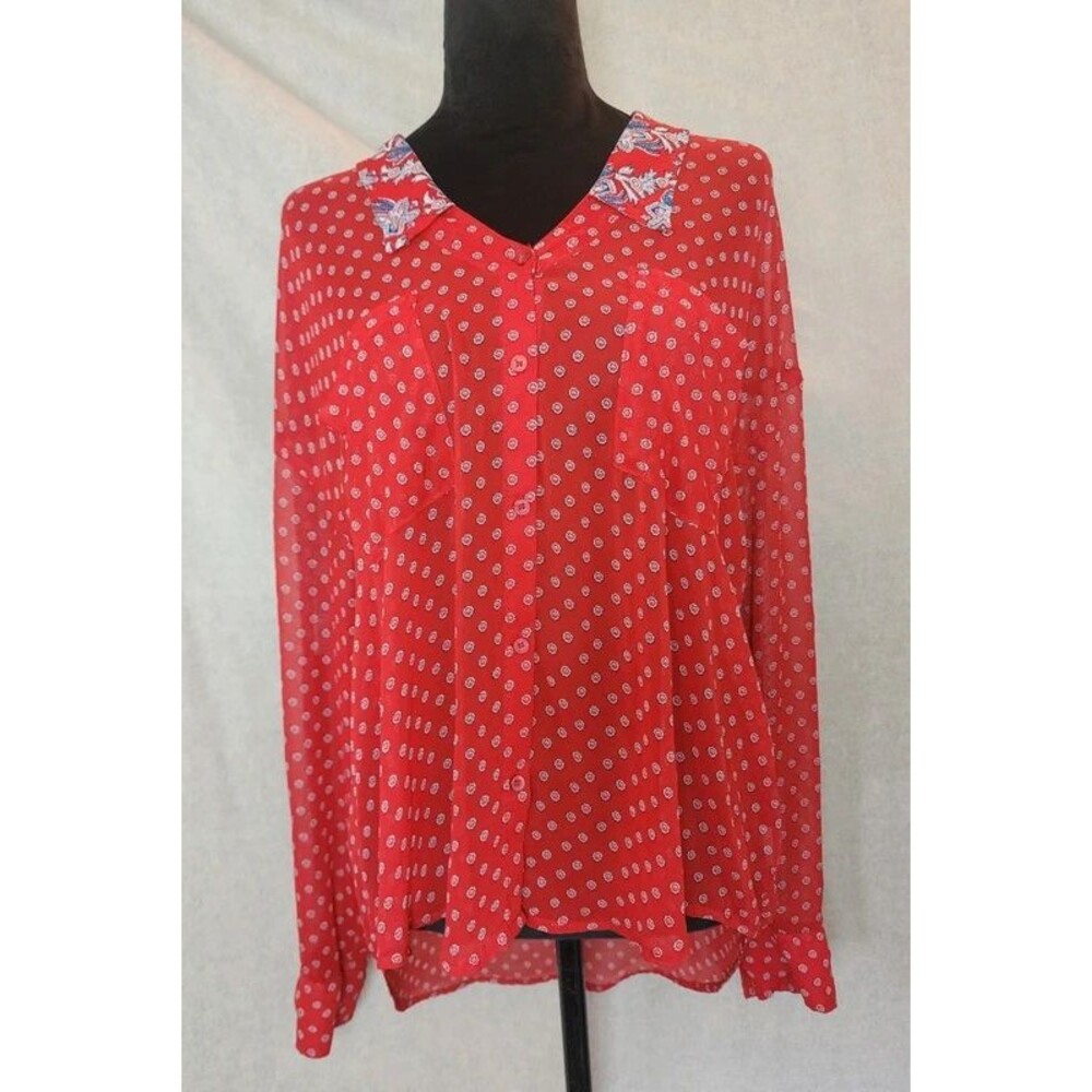 Free People Sz M Easy Rider Red Blouse Flowy Sheer